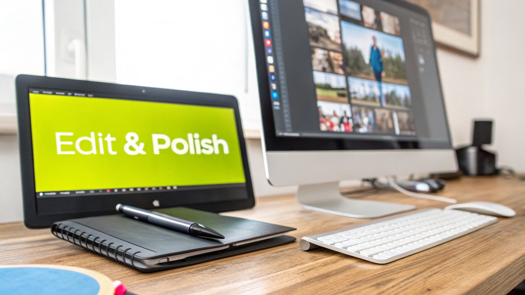 A professional photo editing workspace with two monitors, a drawing tablet, keyboard, and mouse on a wooden desk.