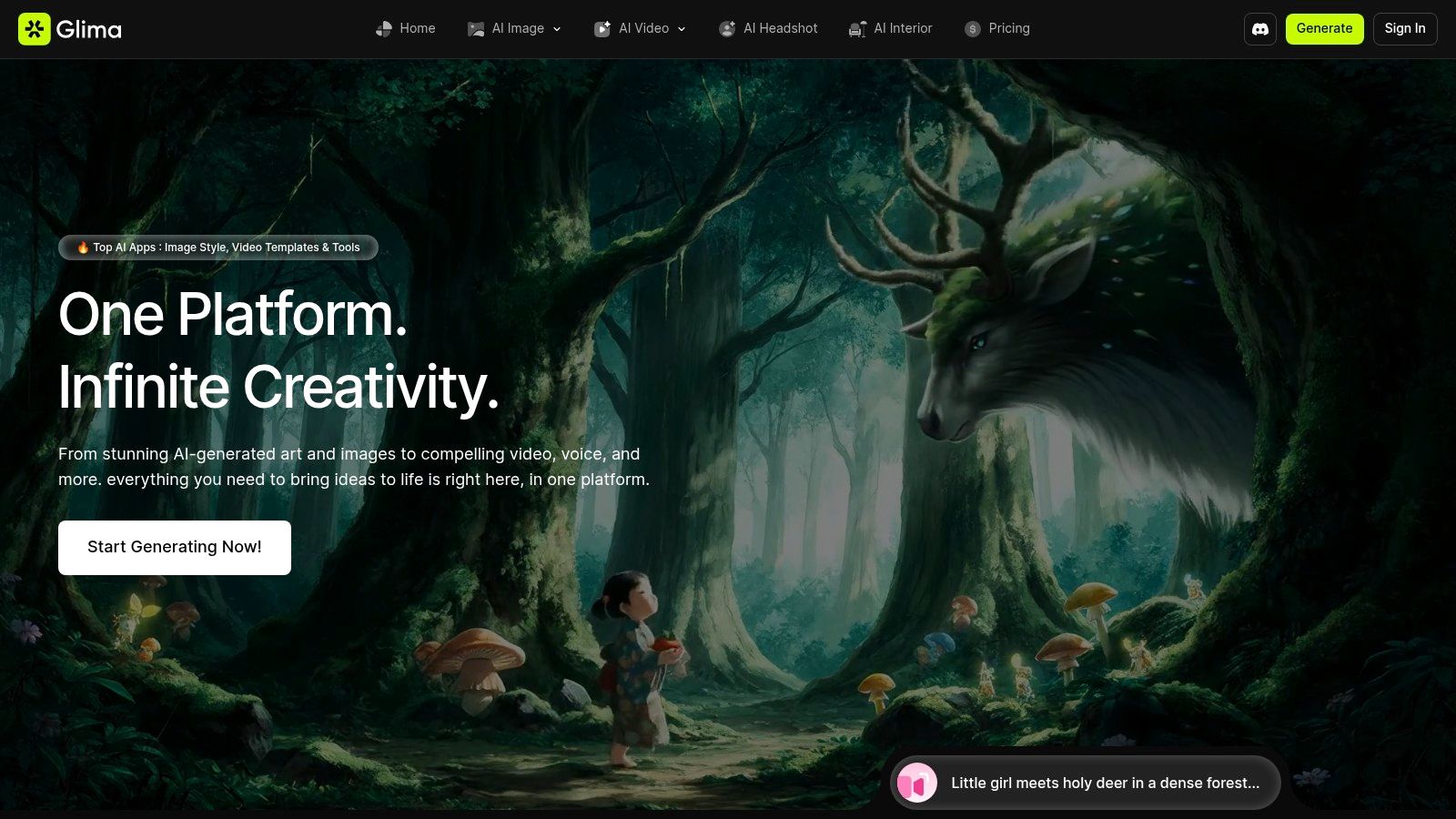 A fantasy-style image of a forest with a mystical, glowing creature created with Glima AI, showcasing its image generation capabilities.
