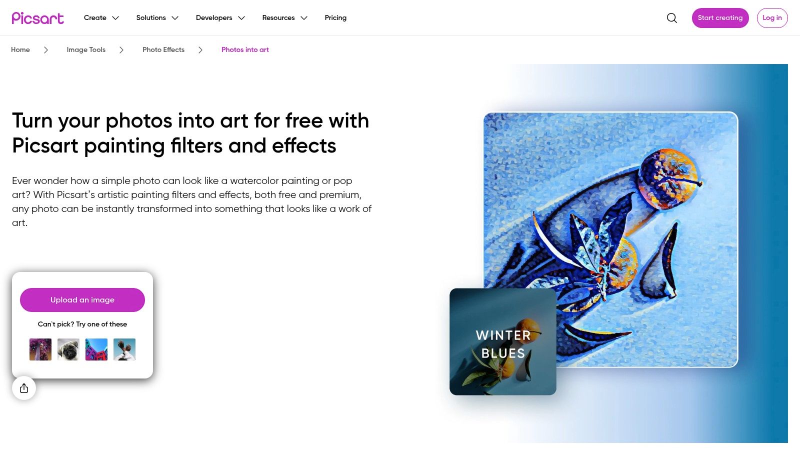 Picsart's online interface showing various photo-to-painting effects.