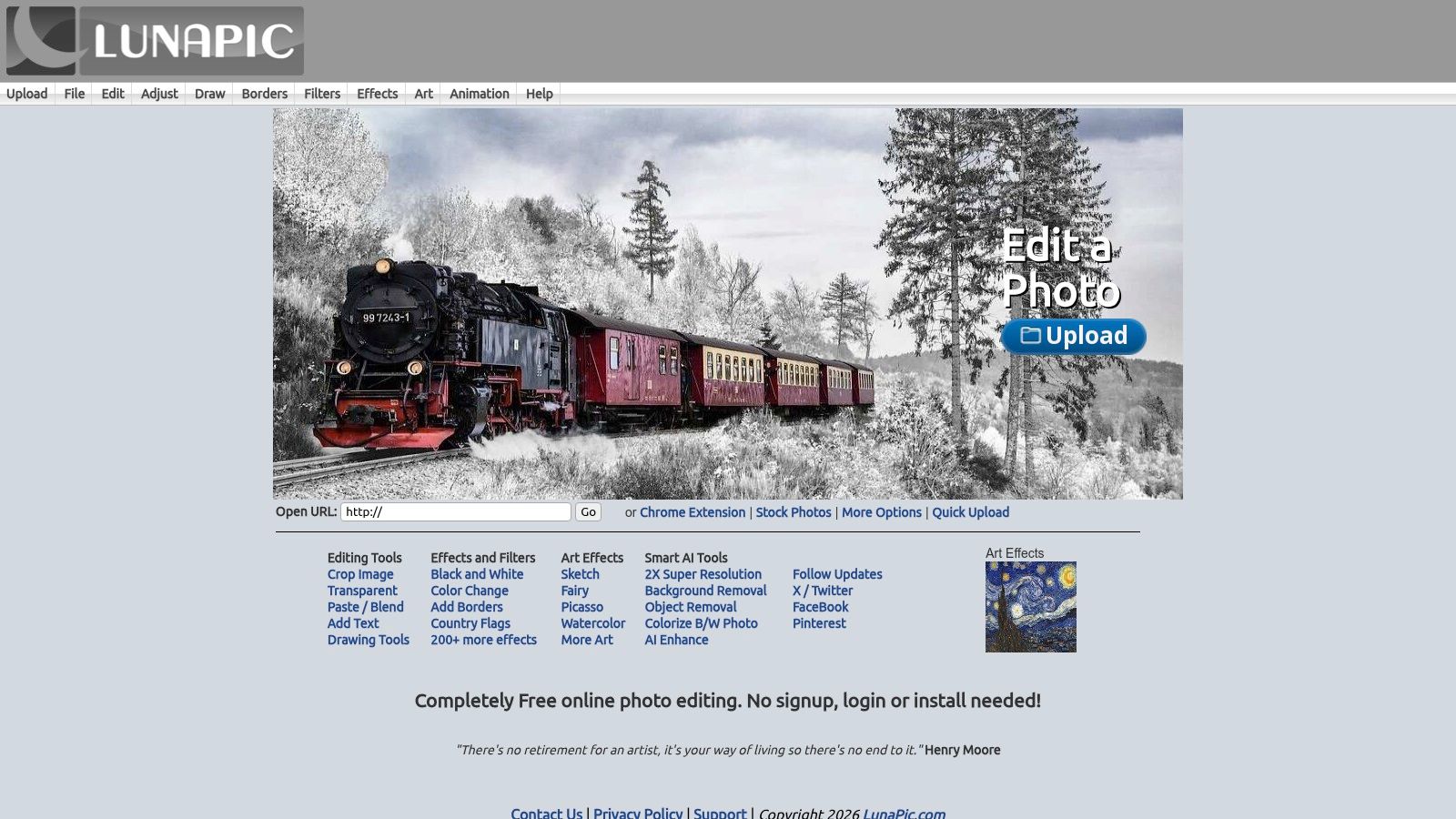 LunaPic's online photo editor interface for converting a photo to a painting.