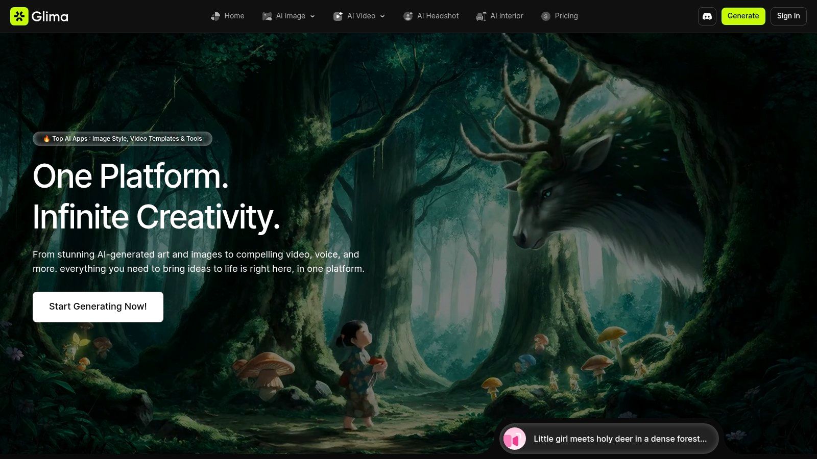 Glima AI interface showcasing a magical forest landscape generation.