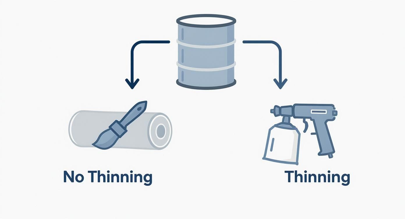 An illustration showing paint from a barrel applied by brush (no thinning) or spray gun (thinning).
