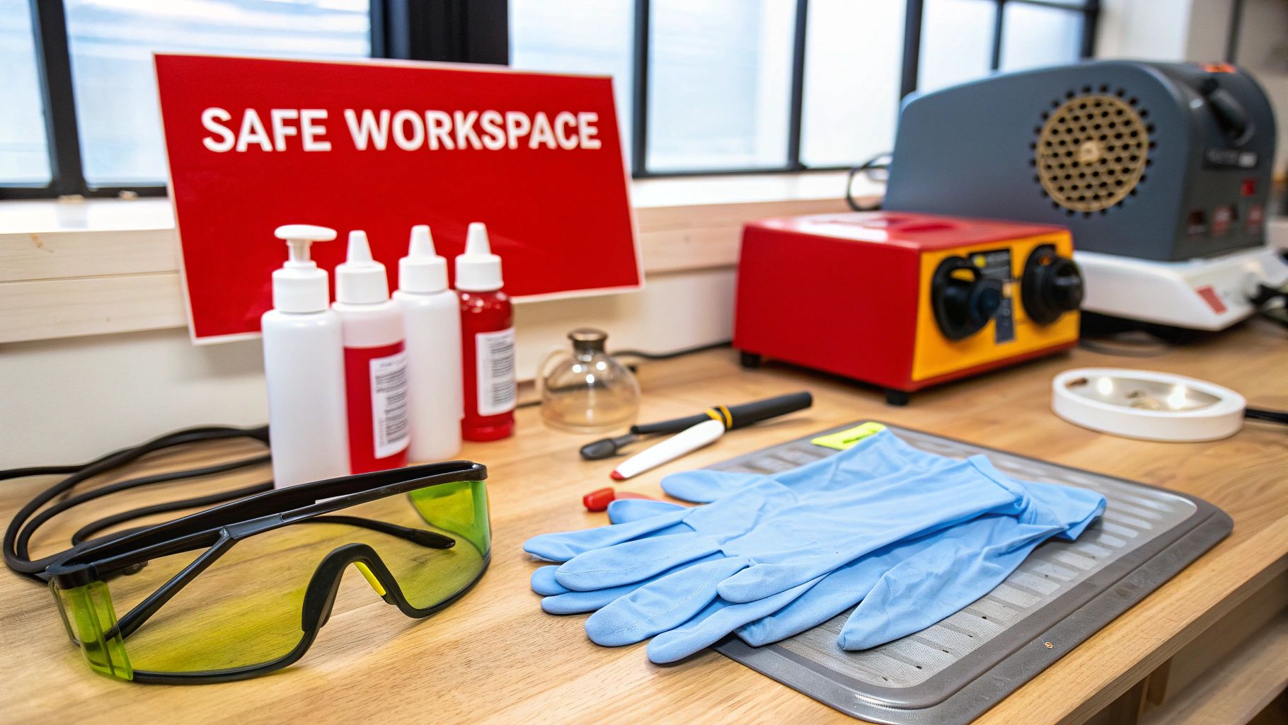 A person wearing nitrile gloves carefully applies glue to a plastic model part on a well-lit workbench.