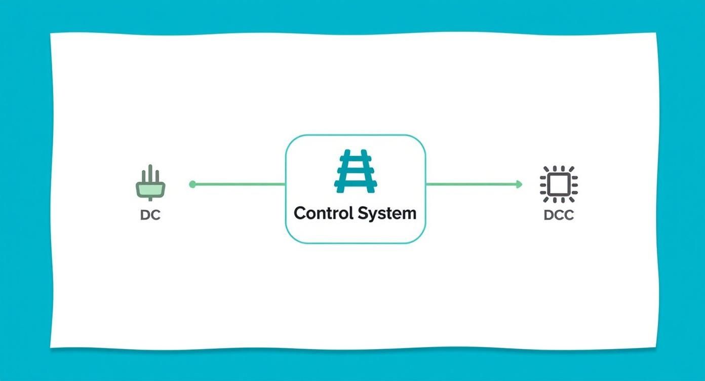 Infographic showing a concept map for train control systems, with a central node branching to DC (power plug icon) and DCC (microchip icon).