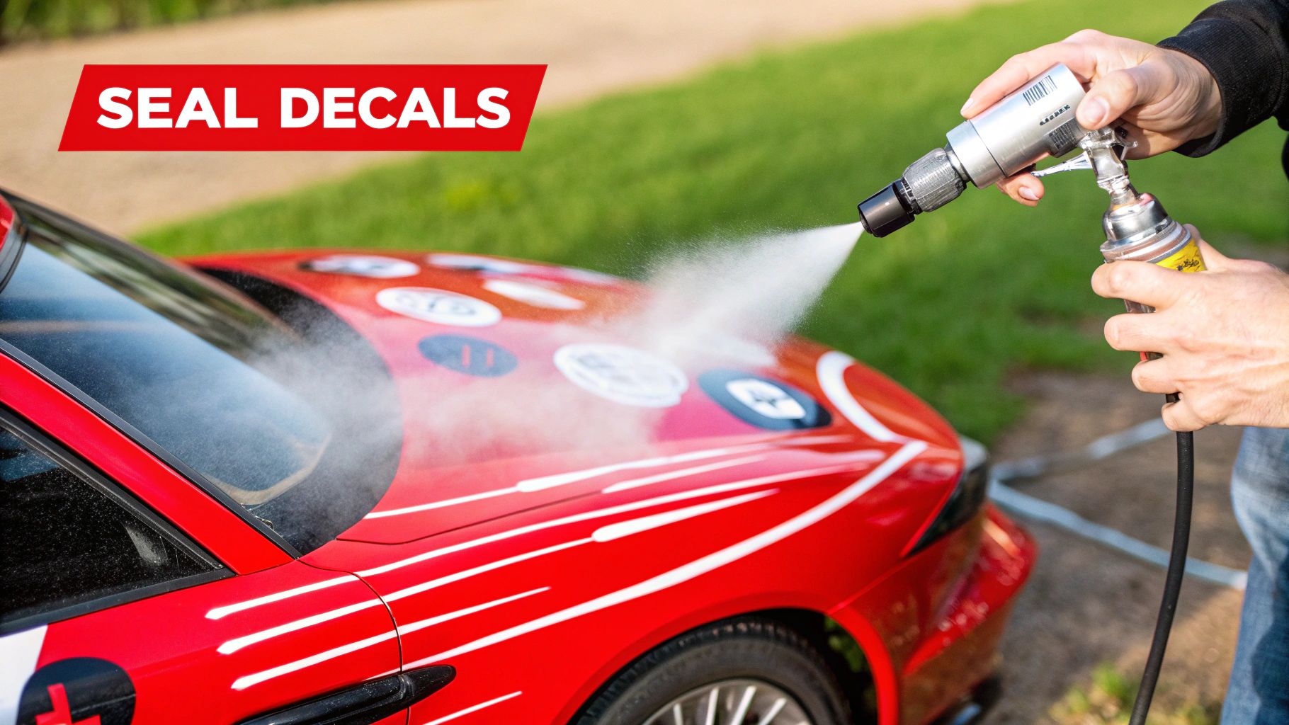 A modeler airbrushing a clear coat over a military vehicle model to seal the decals.