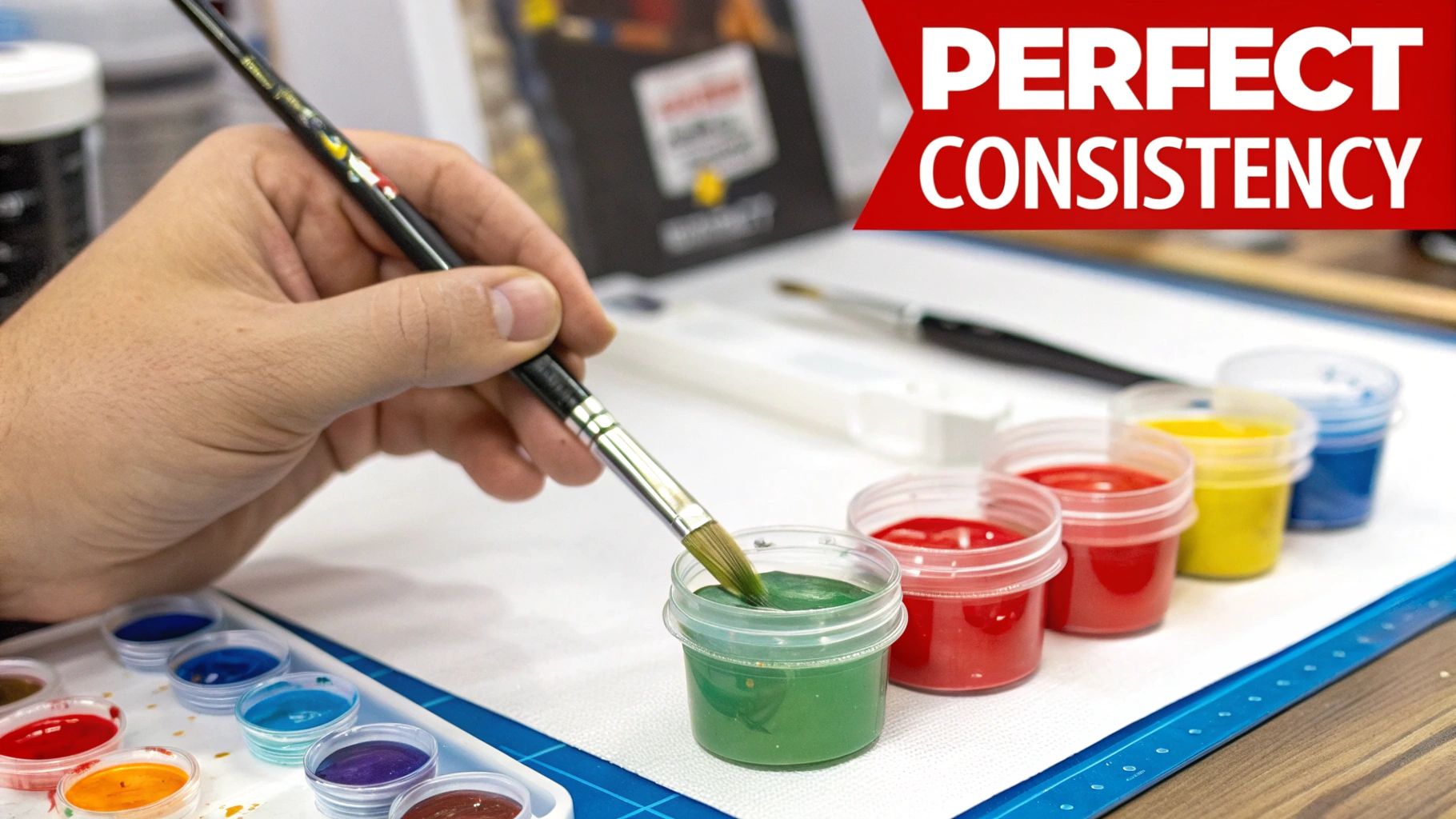 A close-up of an artist thinning acrylic paint in a palette with a brush