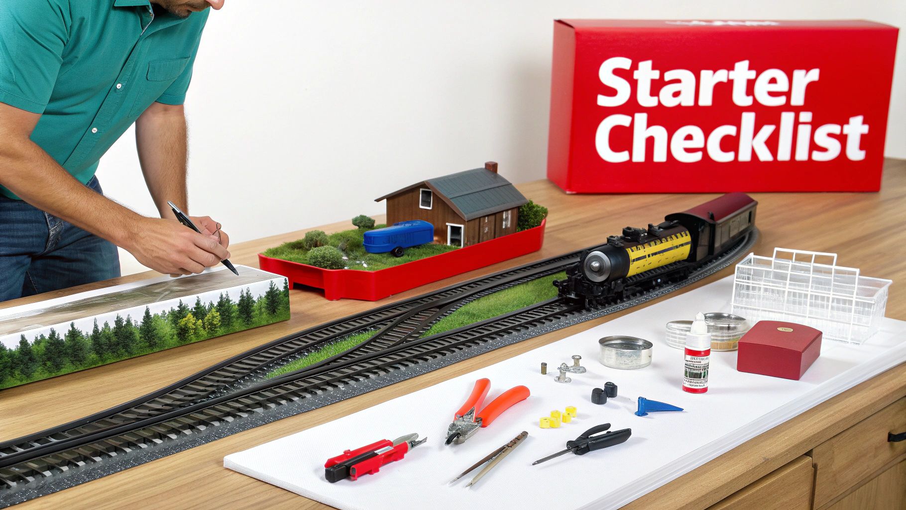 A complete N scale train set with track and controller arranged on a table.