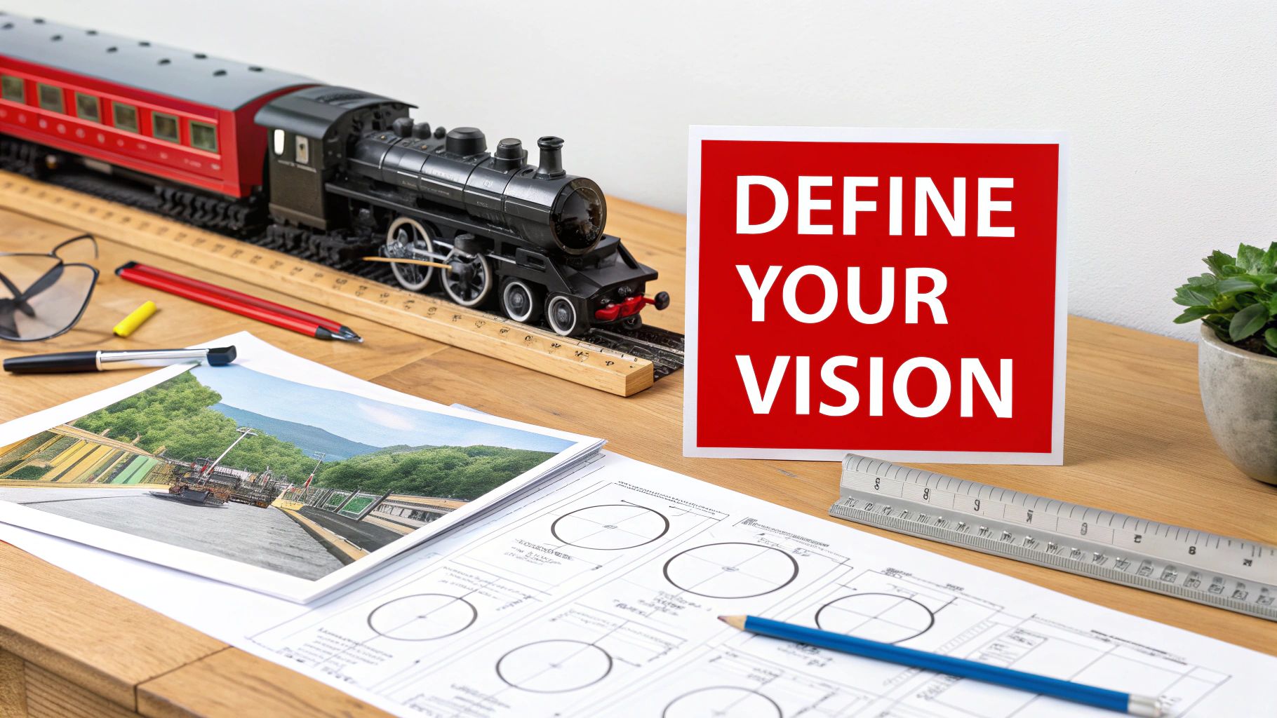 Model train on wooden desk with blueprints, photos, and define your vision sign for layout planning