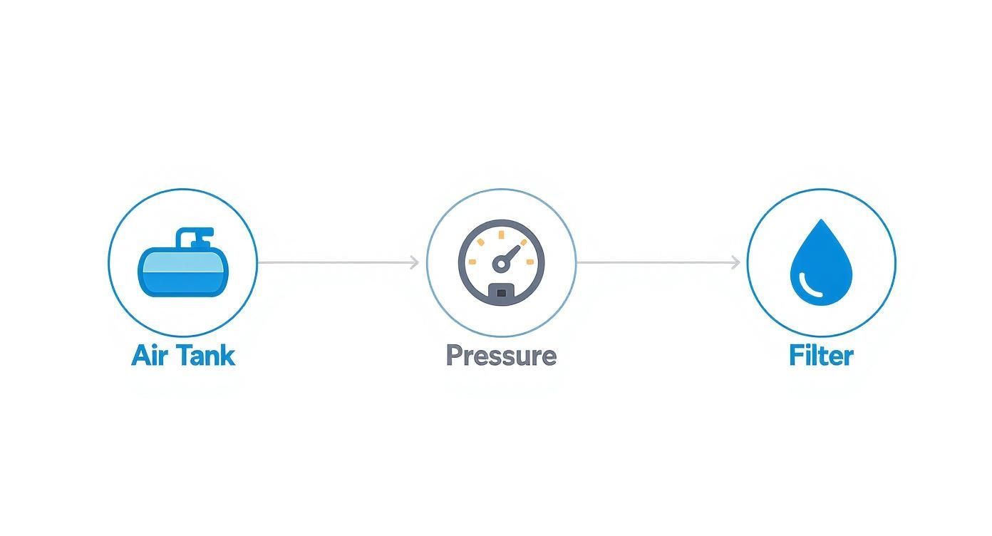 Airbrush system diagram showing air tank, pressure gauge, and water filter components connected in sequence