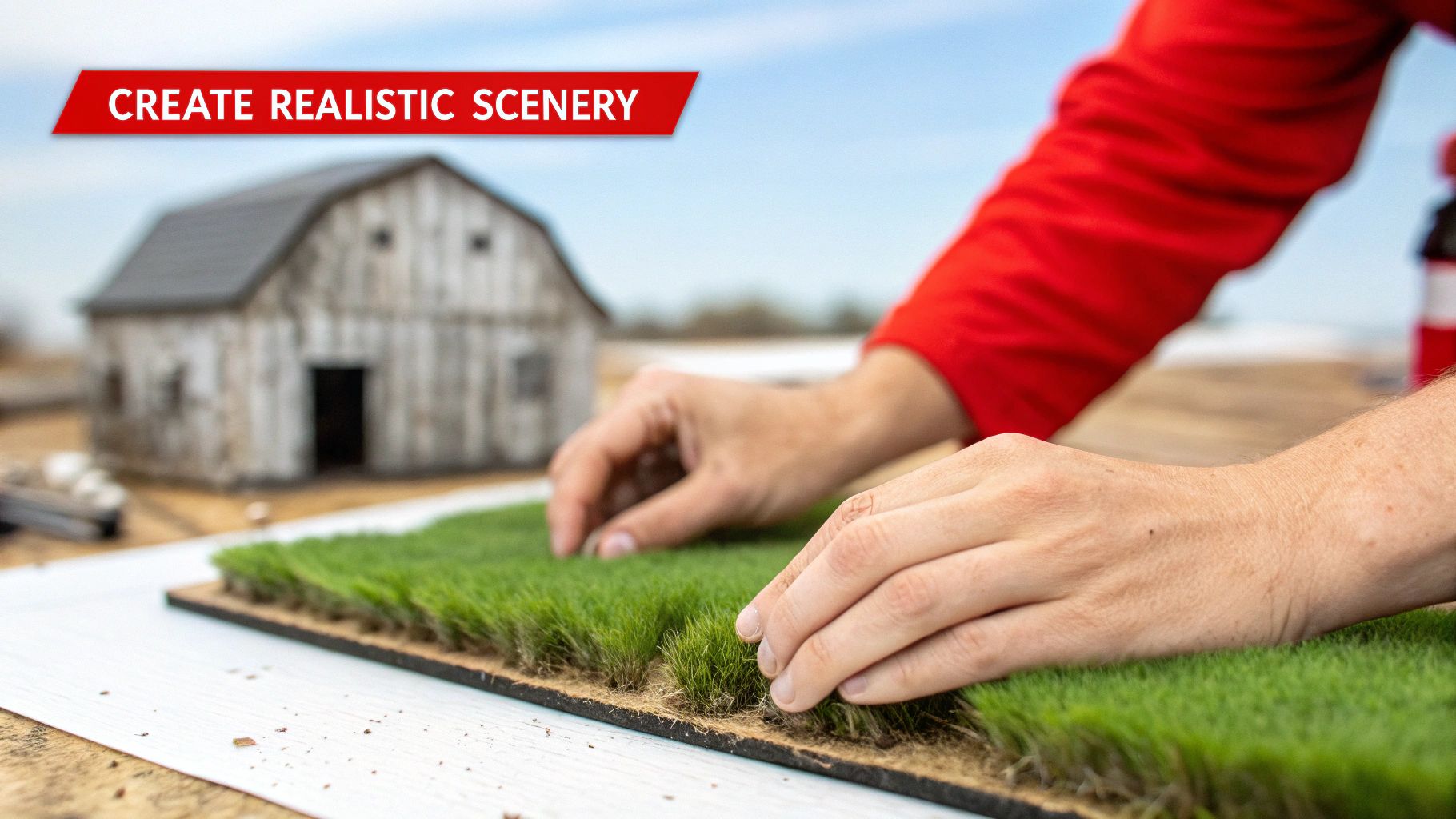 A detailed scale model train layout showing realistic scenery including mountains, trees, and buildings.