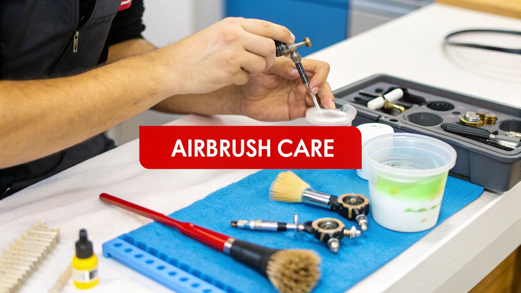 Person cleaning and maintaining airbrush equipment with tools and cleaning solution on workspace