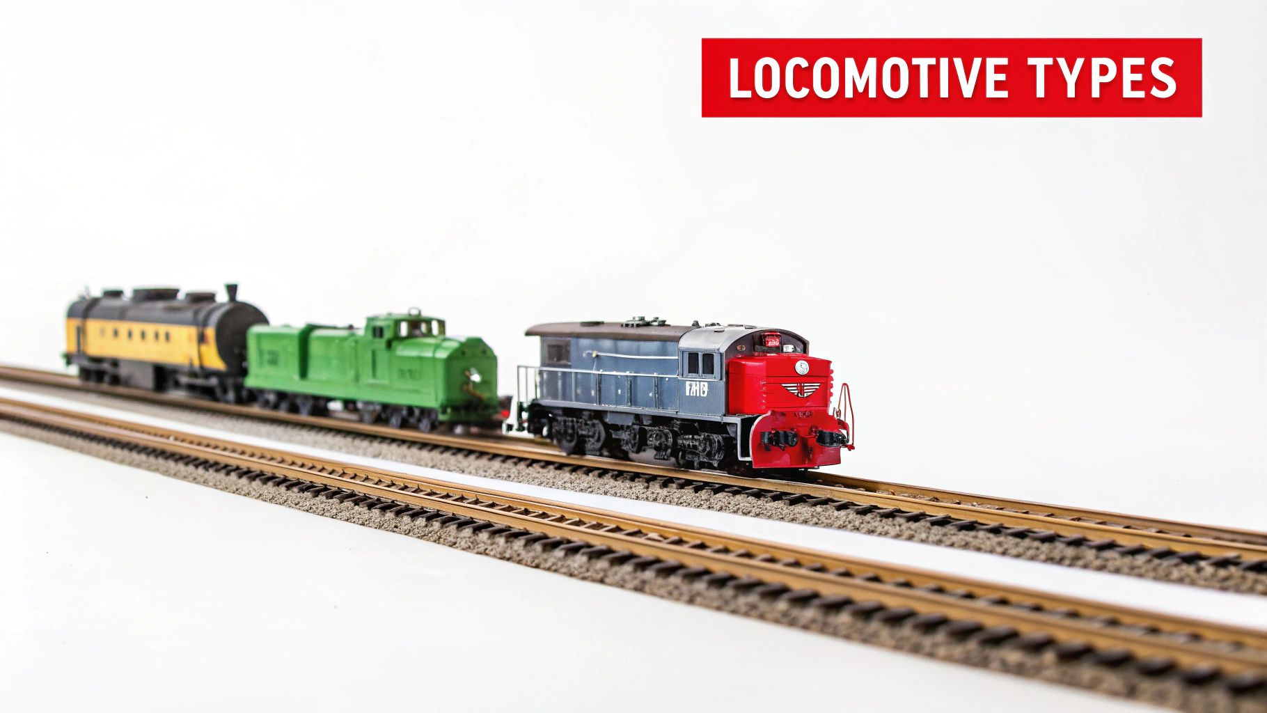 A detailed N scale diesel locomotive travels through a miniature landscape with trees and hills.