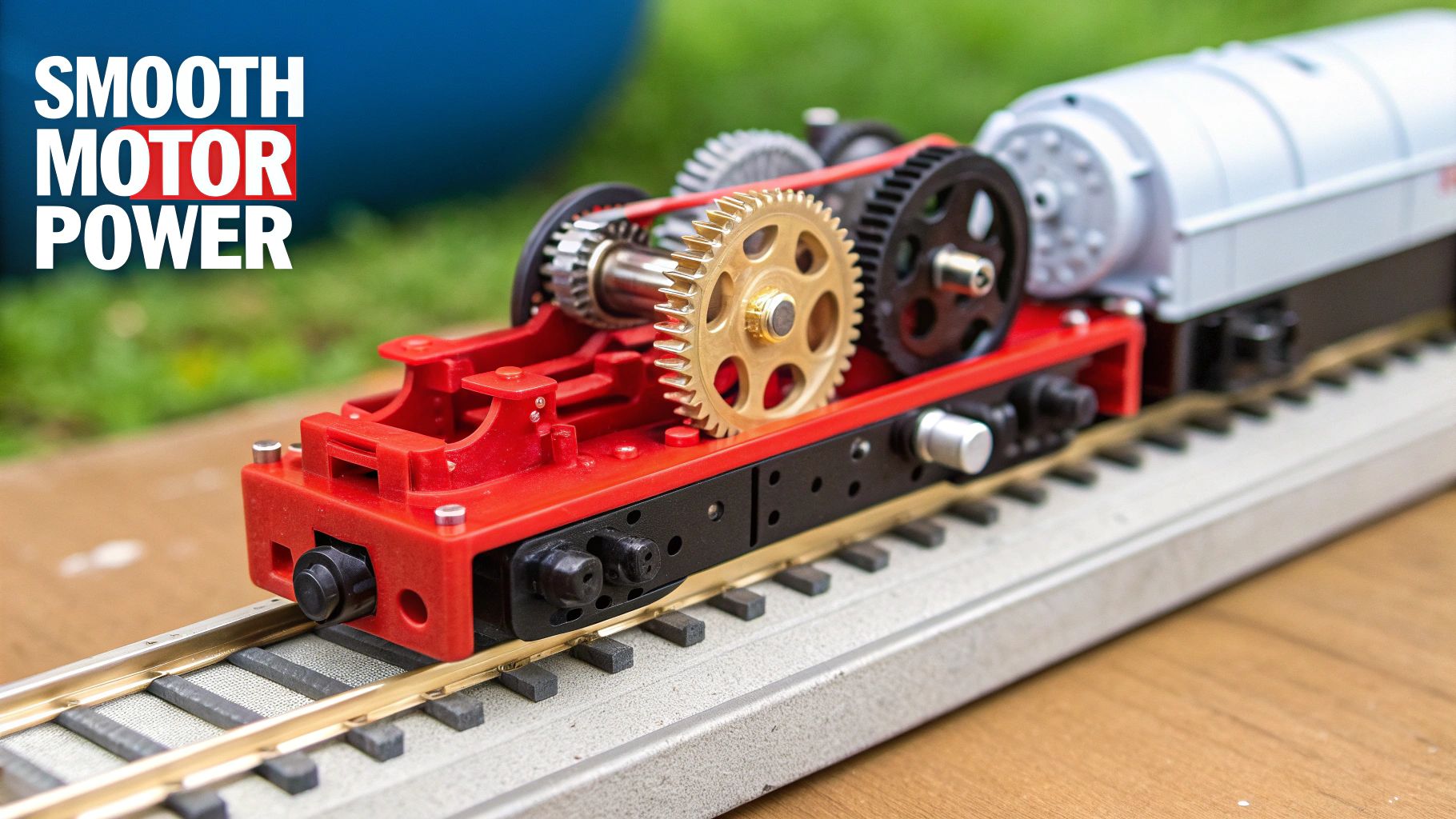 A close-up shot of an N scale locomotive's internal motor and wiring components.