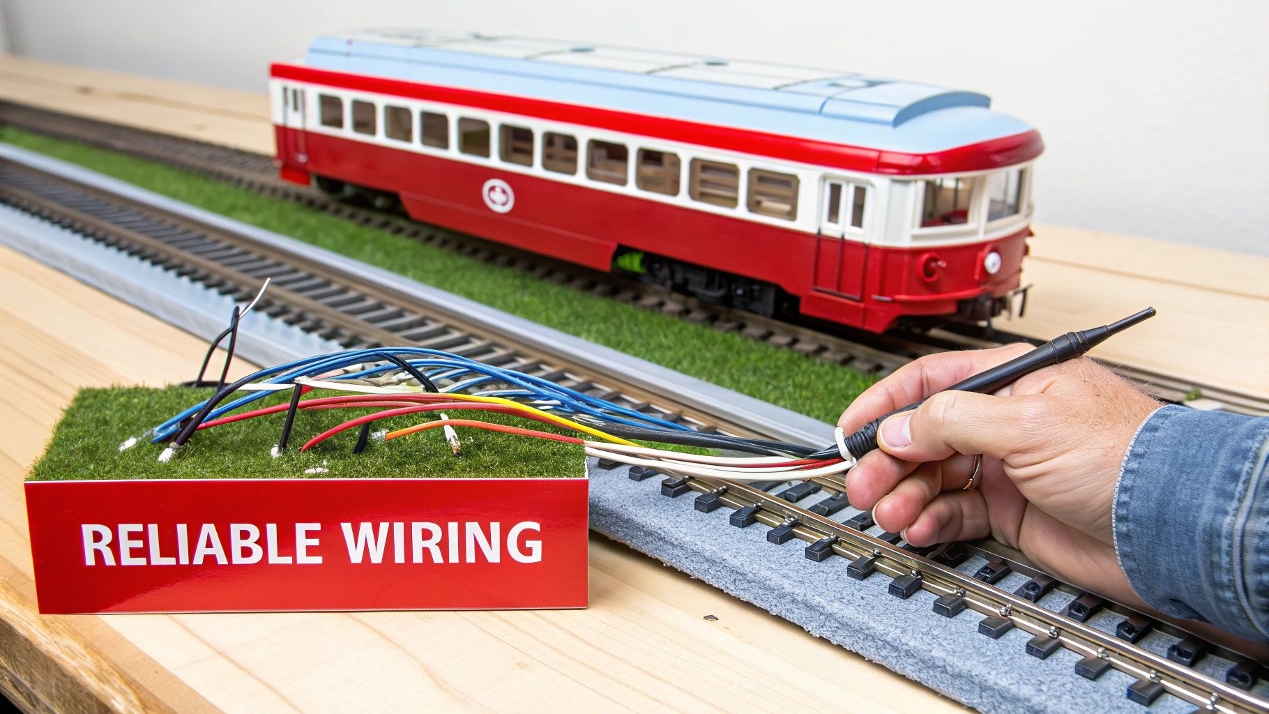 A close-up shot of carefully wired model train tracks, showing feeder wires connected to a power bus.