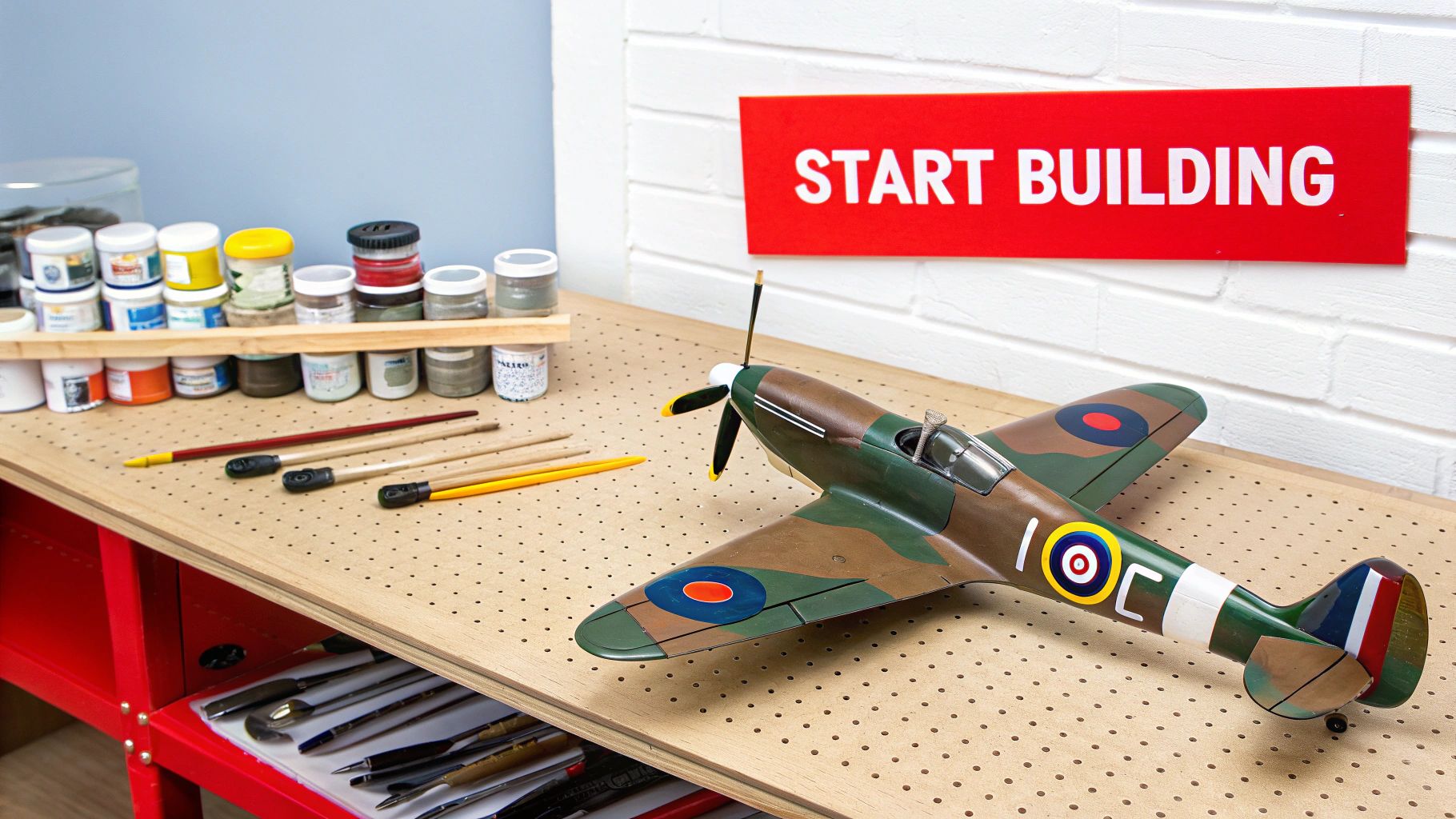 A partially assembled World War 2 model airplane kit on a workbench, showing tools and paints.