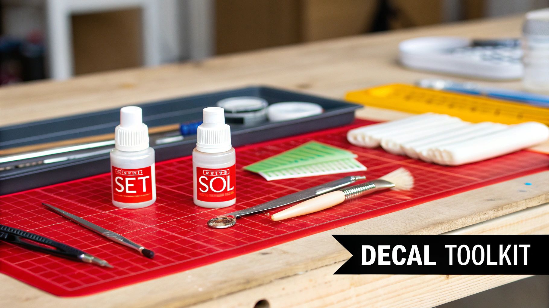 A collection of modeling tools including brushes, tweezers, and decal solutions arranged on a cutting mat.
