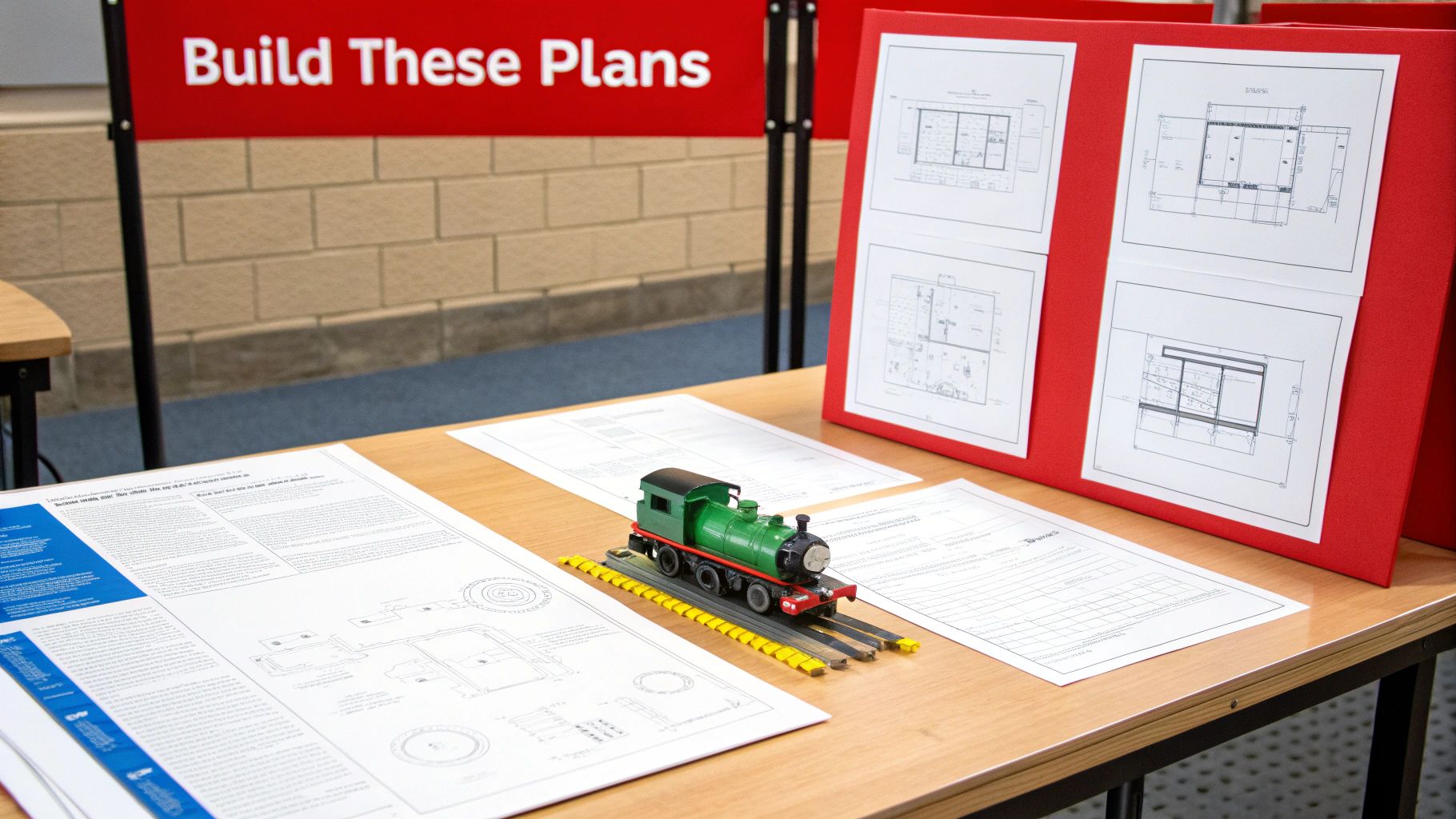 A detailed HO scale layout plan diagram showing tracks, turnouts, and structures.