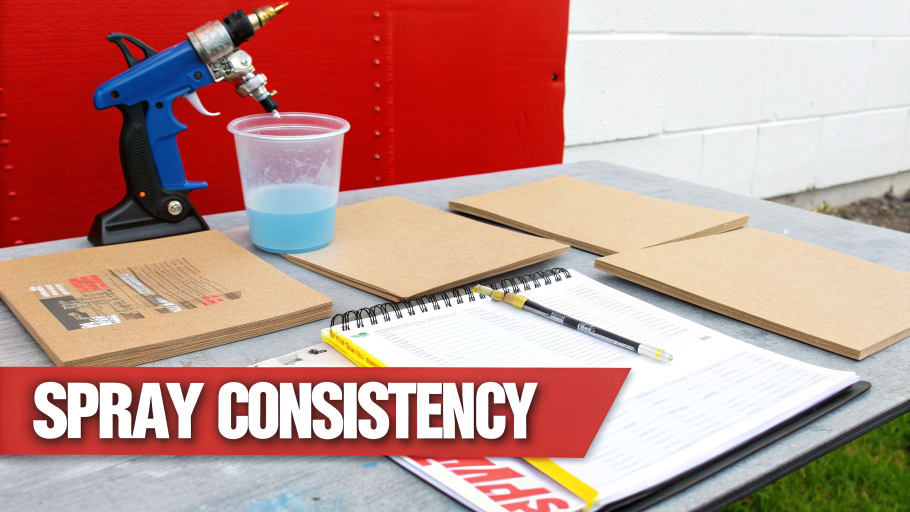 A blue spray gun, a clear cup with blue liquid, several wood panels, and a notebook with a pen on a table for paint consistency testing.