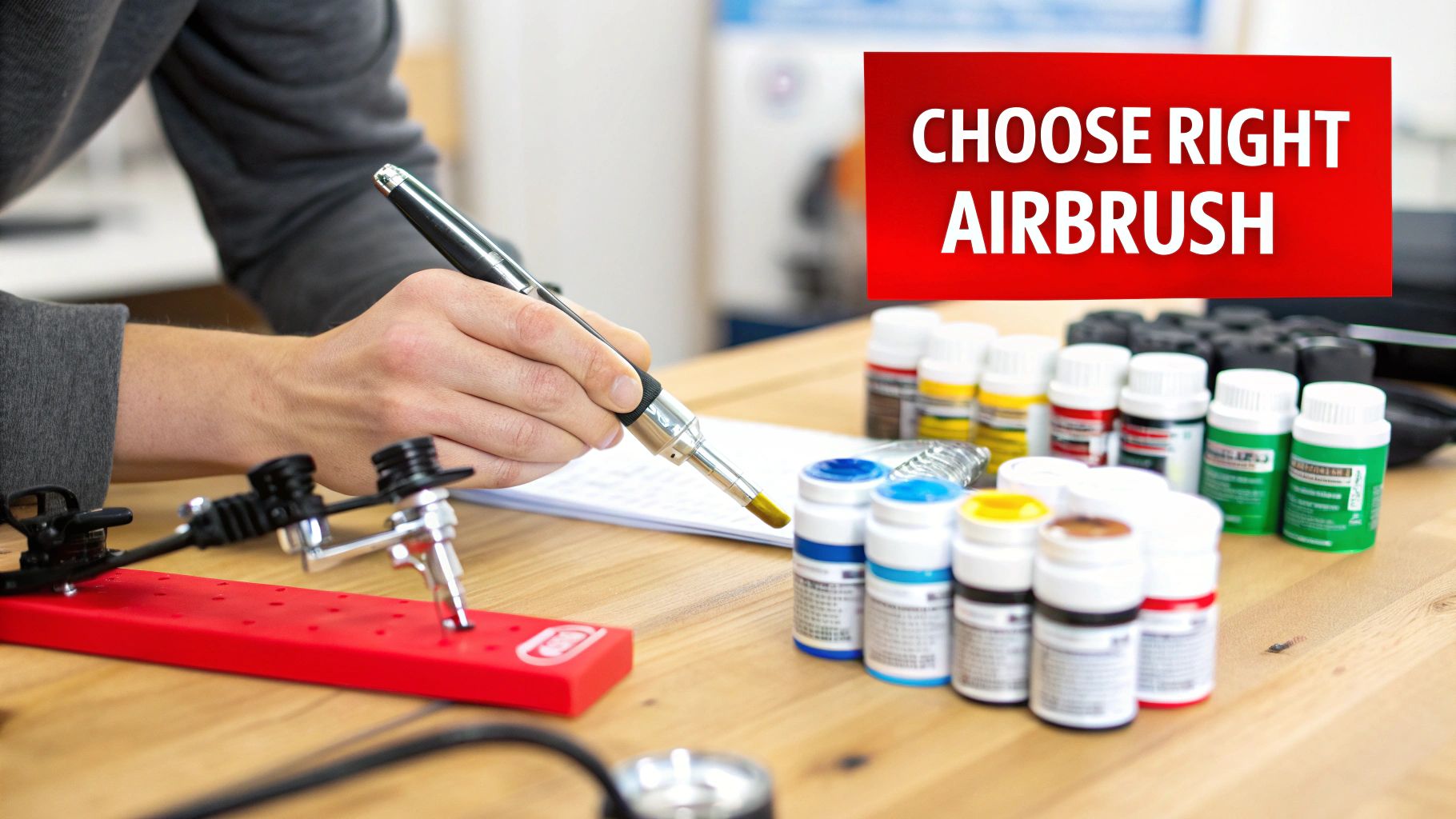Artist holding airbrush pen over paper with paint bottles and text choose right airbrush