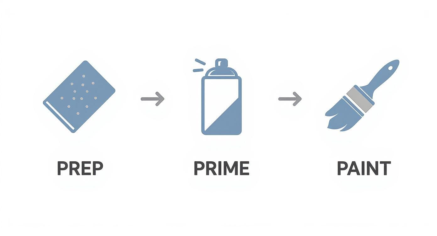 Infographic showing the three-step process of preparing, priming, and painting a model.