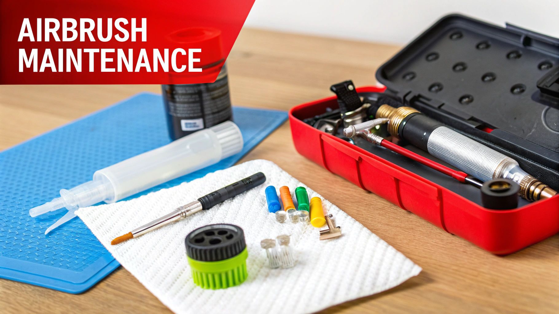 Airbrush maintenance tools and cleaning supplies including syringes, brushes, and storage case on work surface