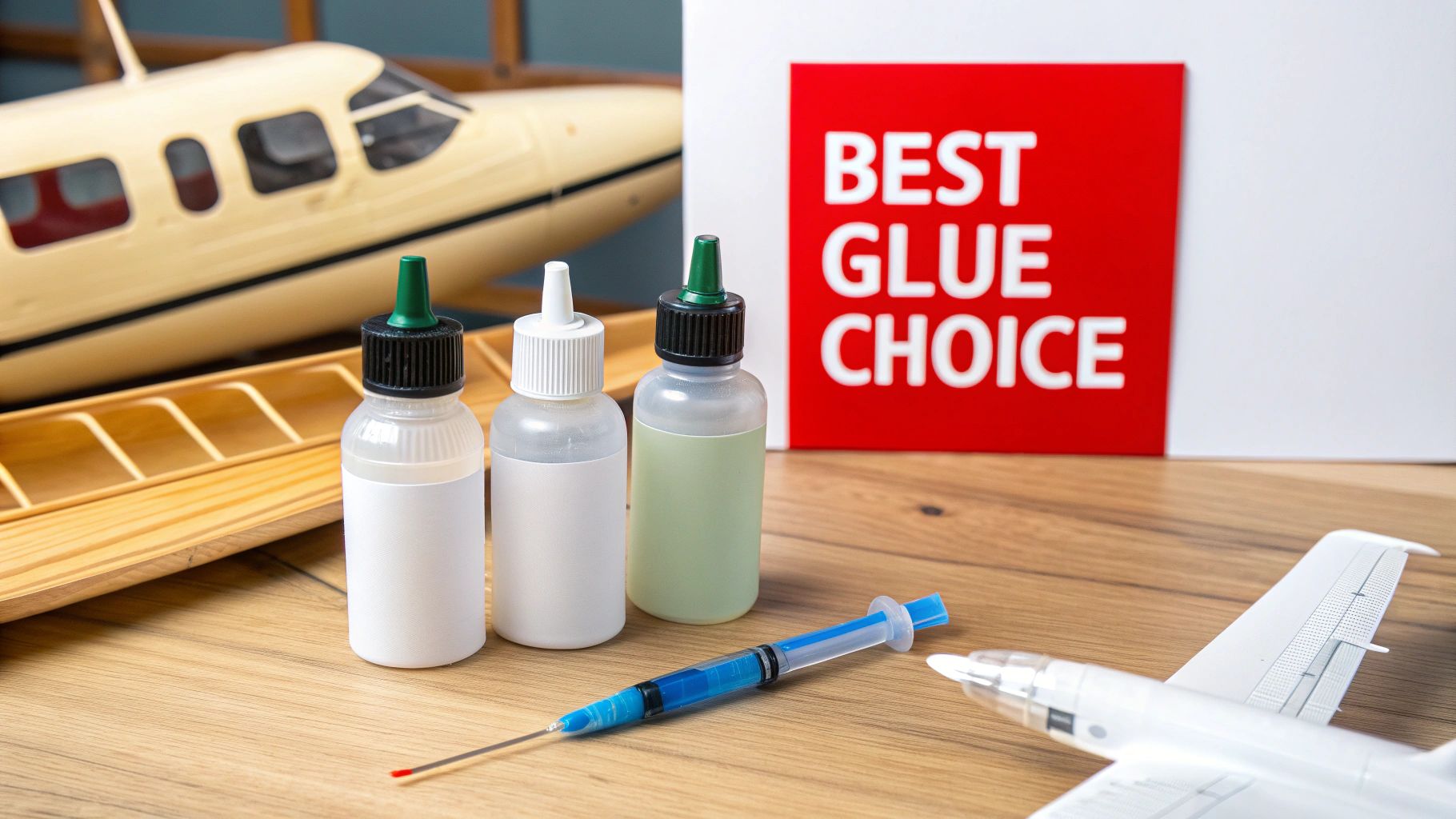 An assortment of plastic model glues and cements arranged on a workbench.
