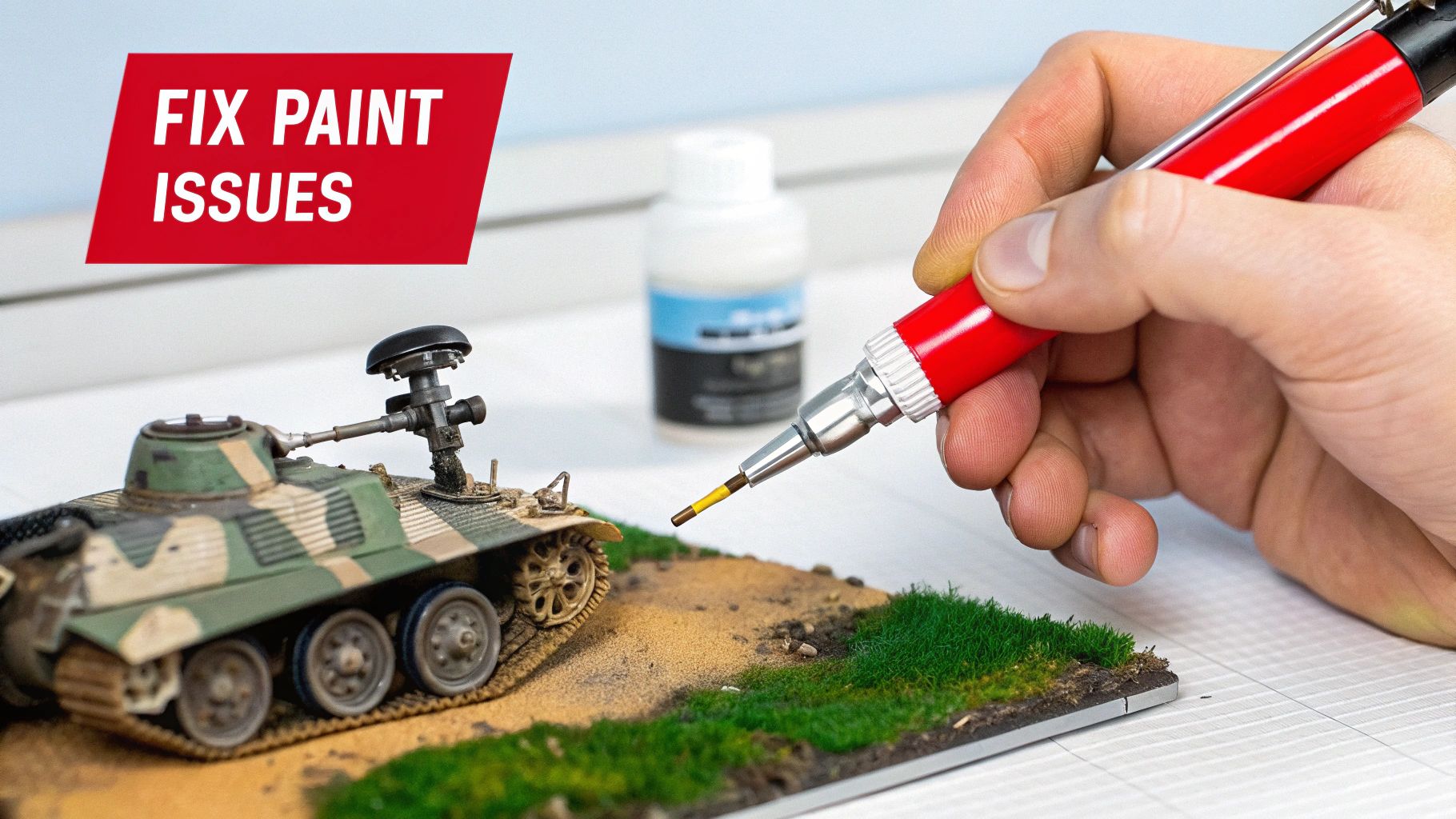 A modeler cleaning an airbrush, illustrating the need for troubleshooting.