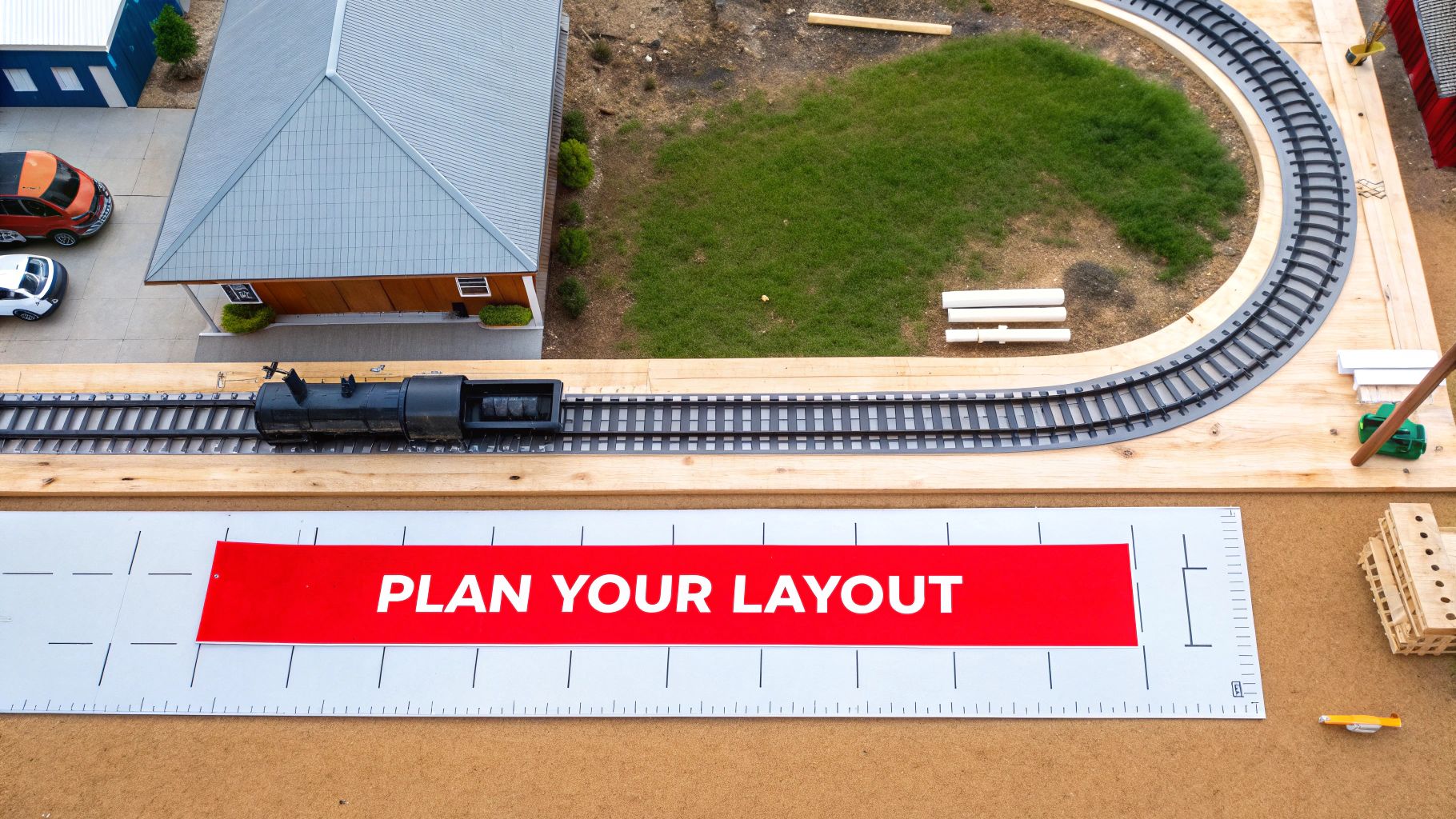 A detailed O scale locomotive on a model railway track with surrounding scenery, illustrating the space requirements for a layout.