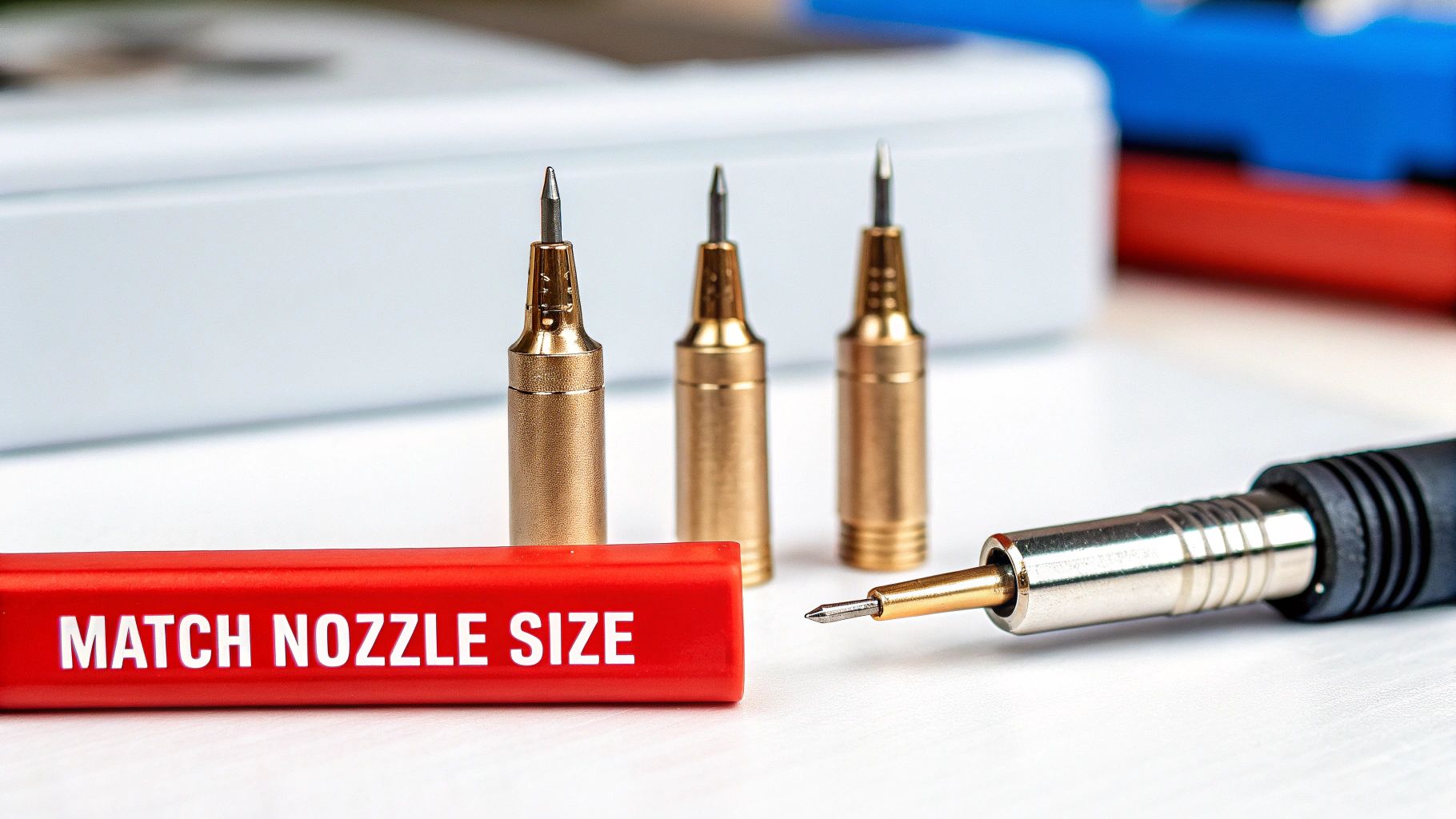 Airbrush nozzles in various sizes displayed next to color-coded reference guide for scale modeling