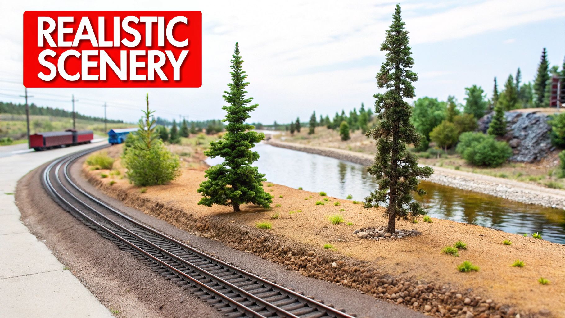 A detailed N scale train layout with realistic scenery including mountains, trees, and buildings.