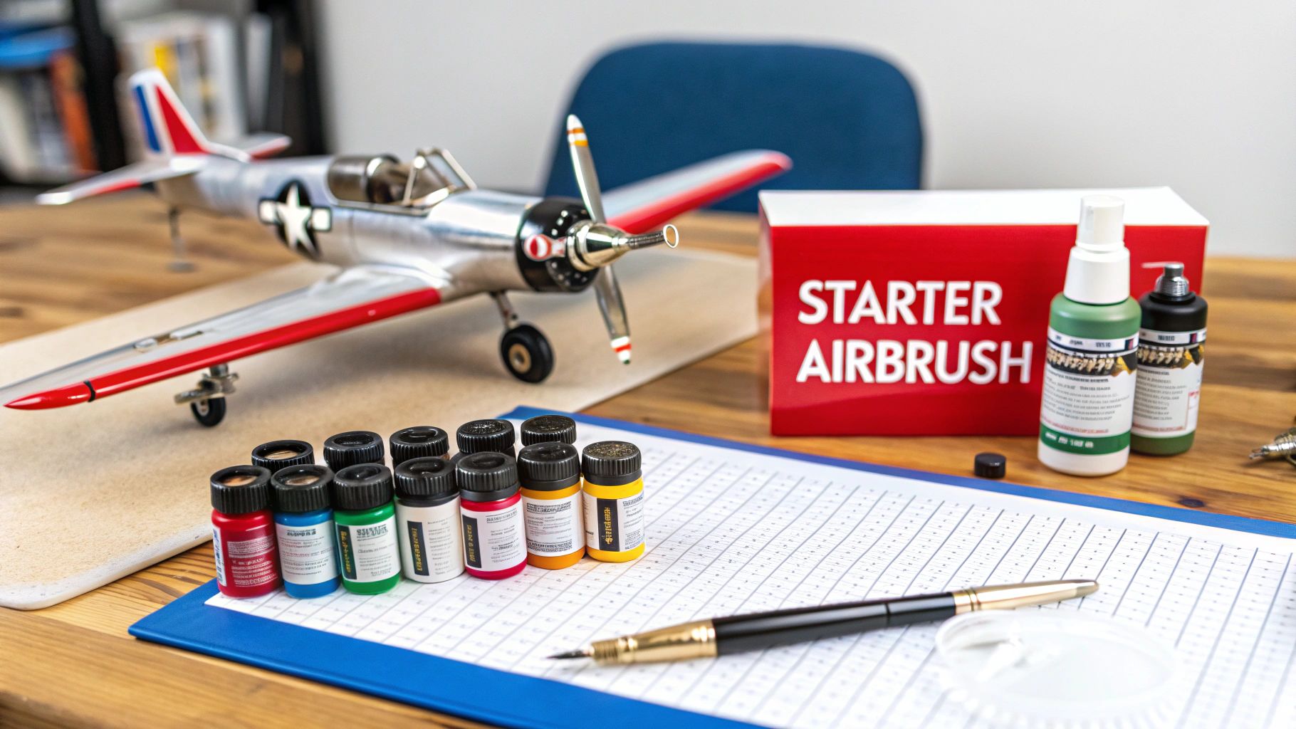 Starter airbrush kit with paint bottles and model airplane on wooden desk workspace