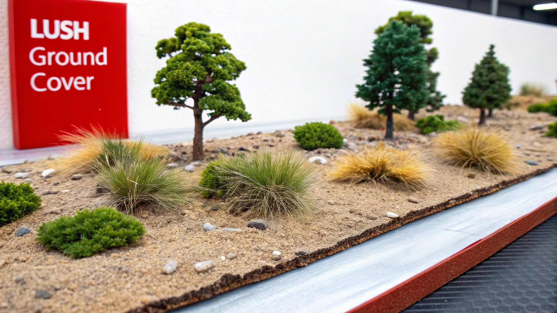 A close-up view of a model train layout with detailed ground cover and realistic trees