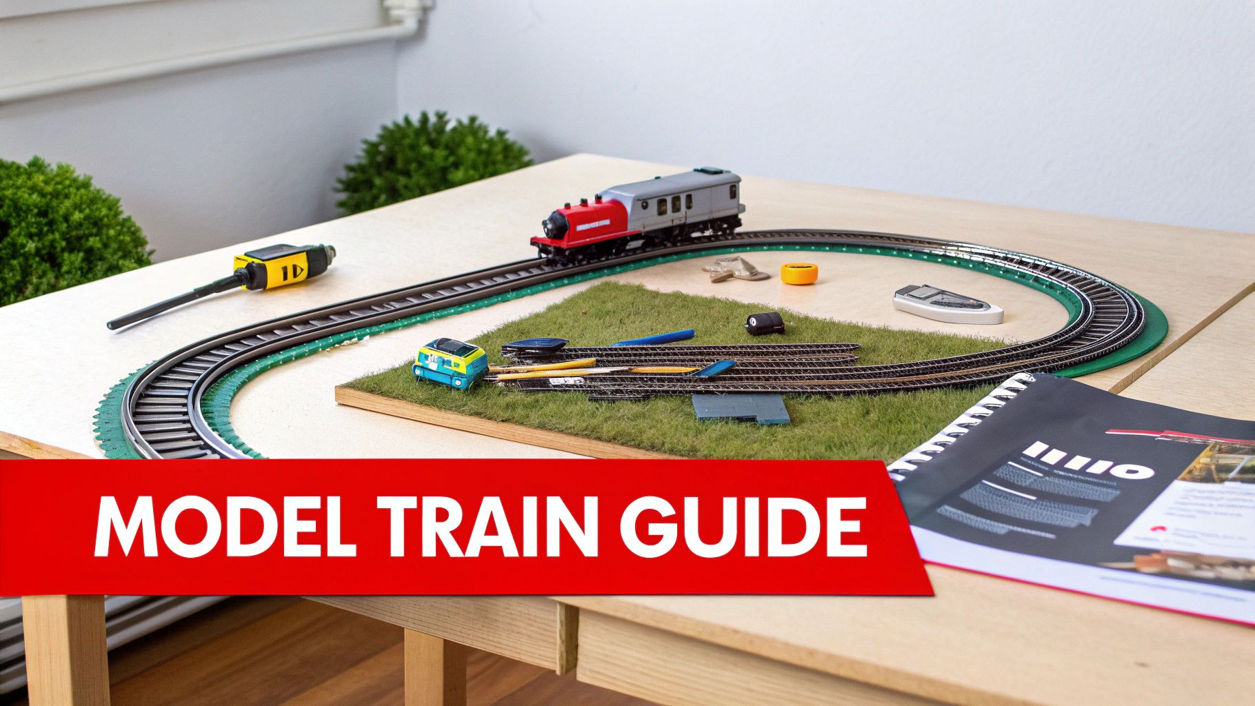 A detailed model train passing through a miniature town with buildings and trees