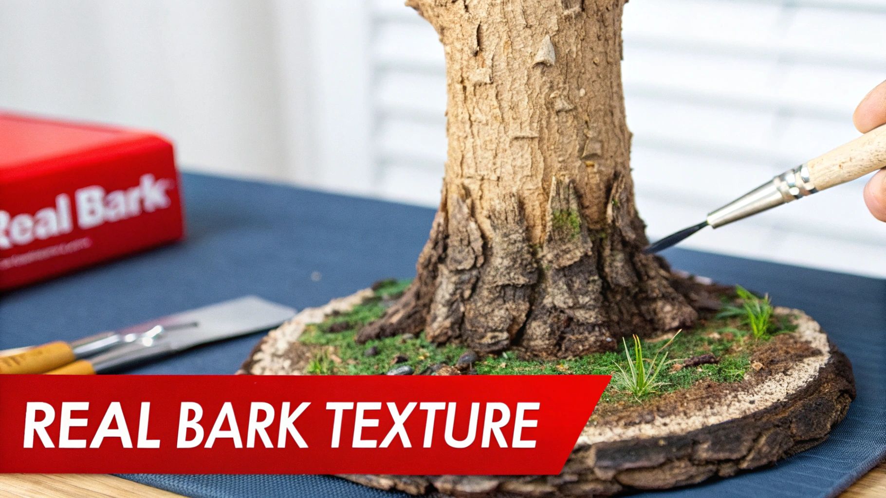 A person painting the bark texture on a model tree armature
