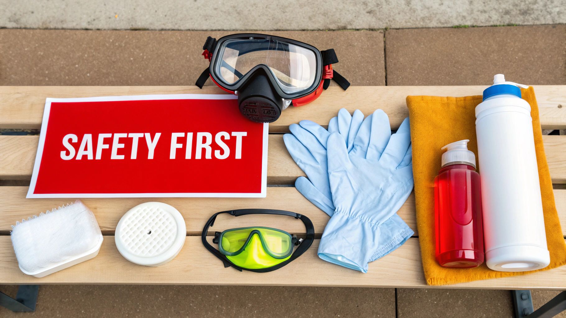 A flat lay of safety equipment and cleaning supplies, including masks, gloves, and a 'SAFETY FIRST' sign.