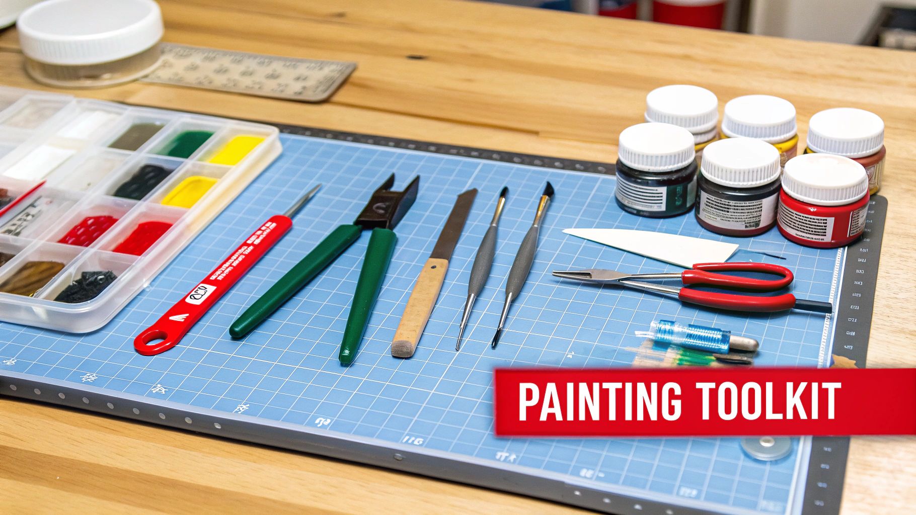 A collection of paints, brushes, and tools for painting Gundam models