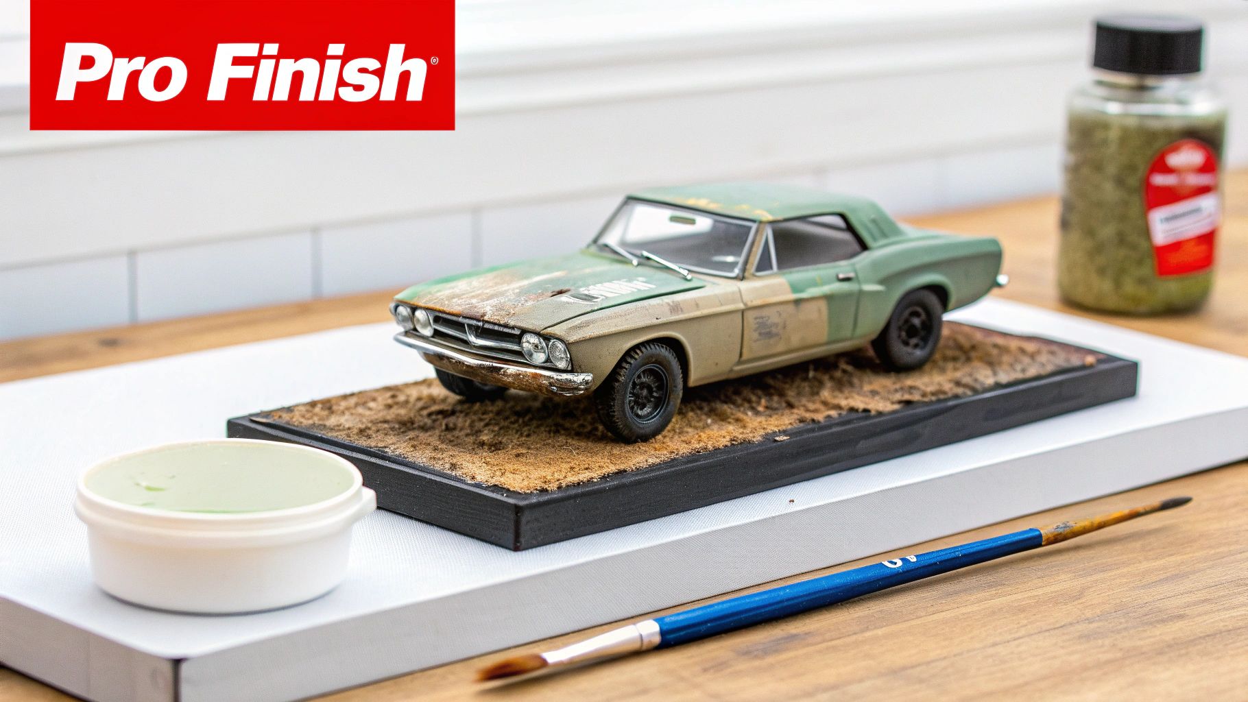 A close-up shot of a modeler carefully applying weathering effects to a snap-tite model kit, enhancing its realism.