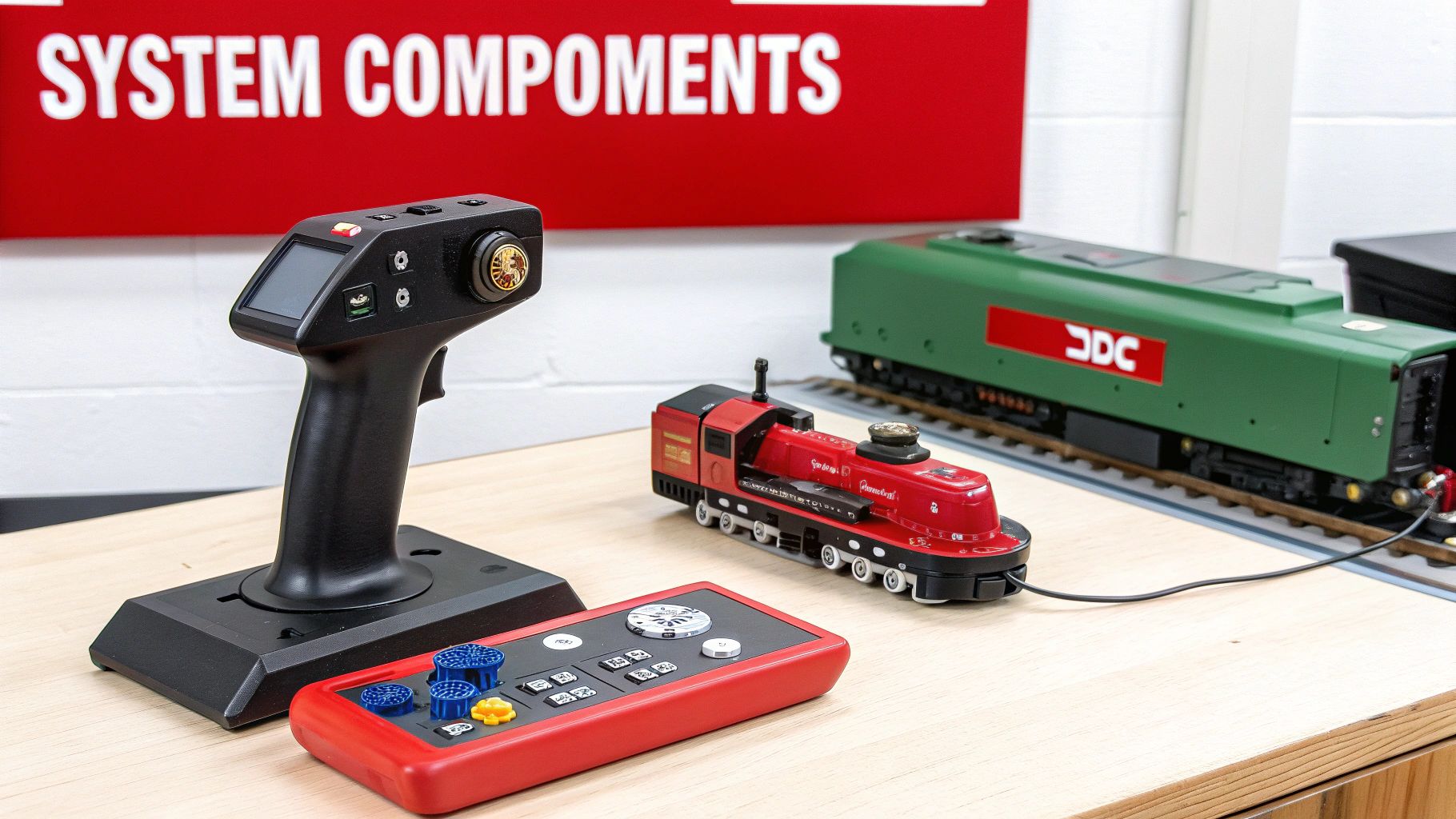 A black remote control, a red handheld controller, and two model trains on a wooden table.