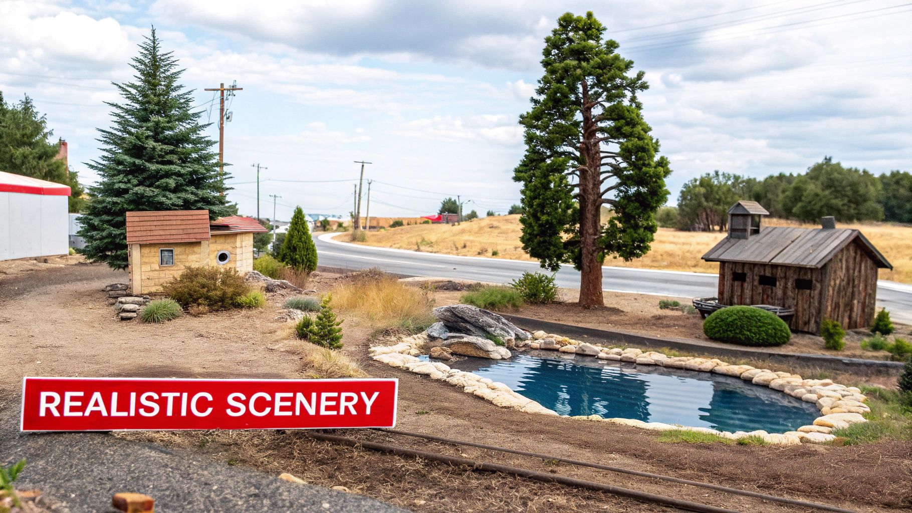 A realistic model railroad scene with detailed scenery, including trees, grass, and weathered structures.