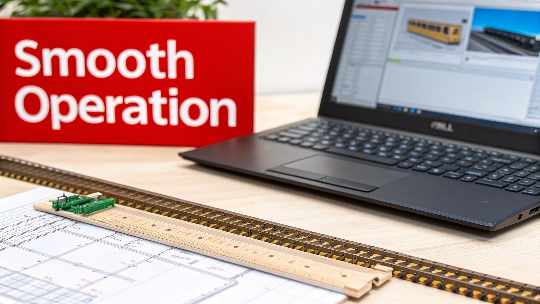 An HO scale model train running through a detailed layout with multiple tracks and structures.