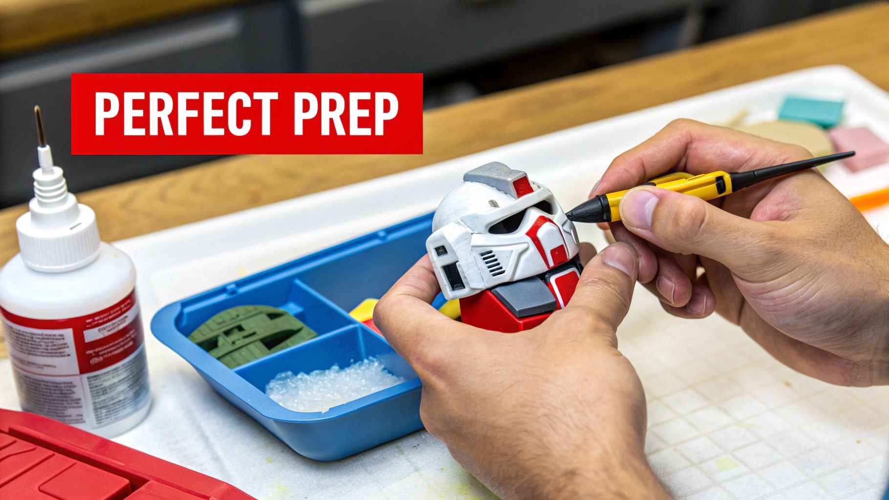 A person carefully sanding a small Gundam model part before painting.