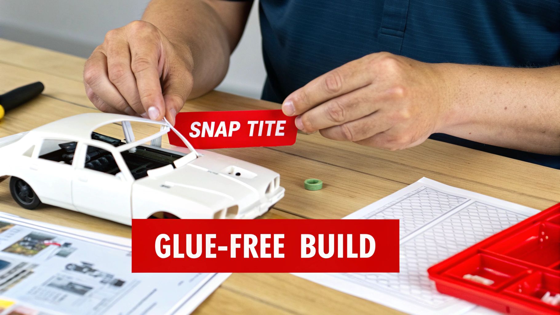 A detailed snap-together model kit of a car, showcasing its intricate parts and design.