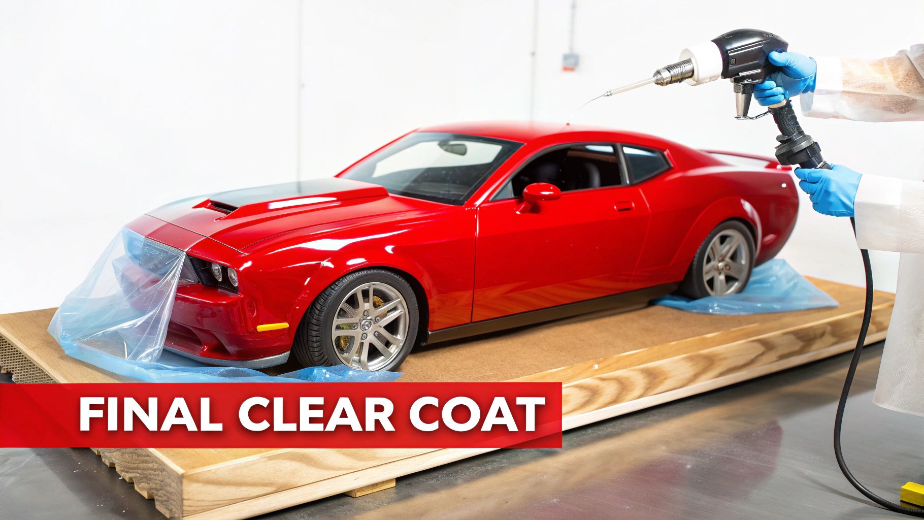 Person spray painting final clear coat on red model car using professional spray gun