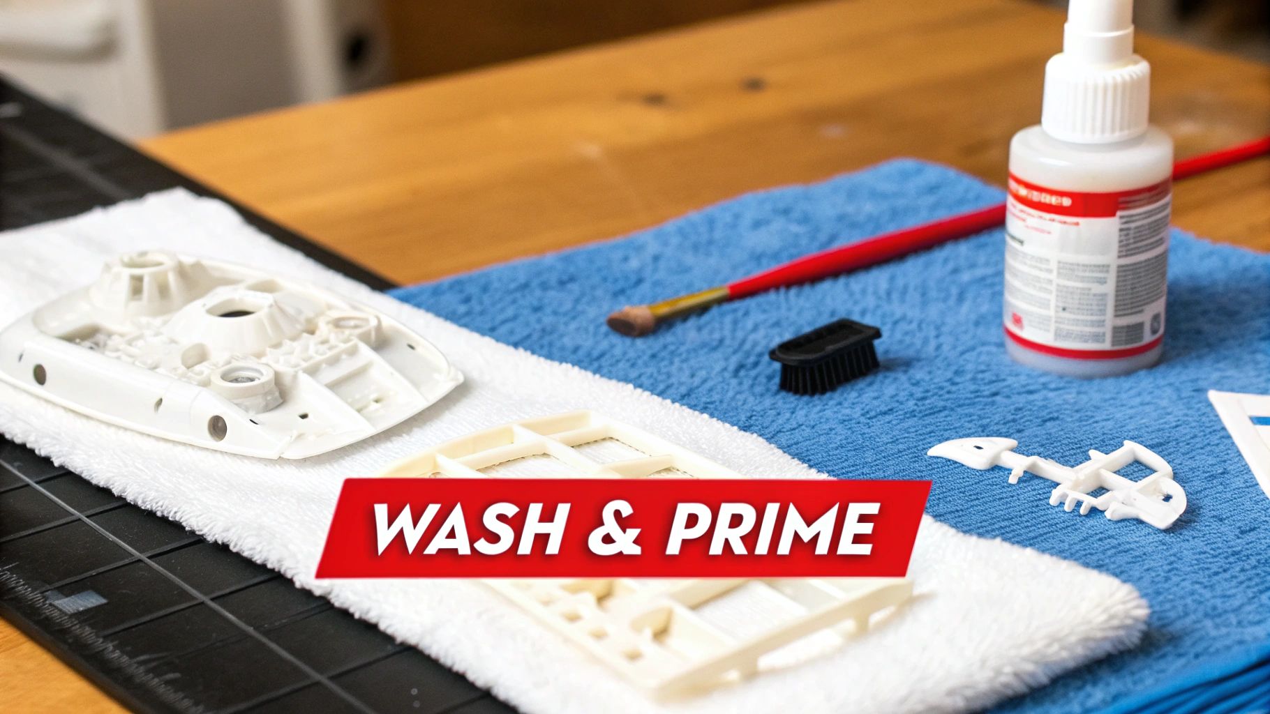 A modeler applying paint to a plastic model using a paintbrush