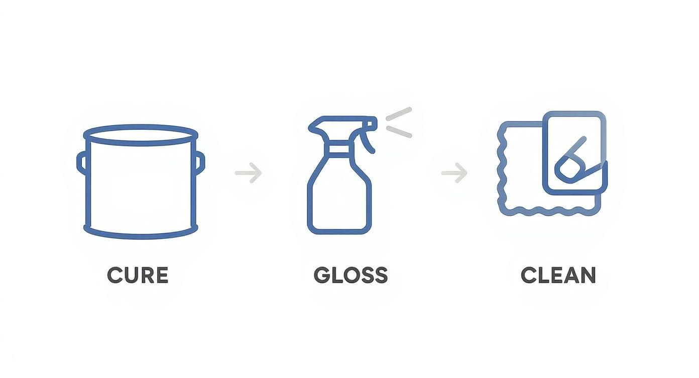 Three step process showing paint can, spray bottle application, and cleaning supplies for model car decals