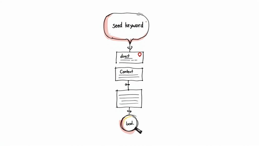 Flowchart showing SEO strategy from seed keyword through direct content optimization to local search
