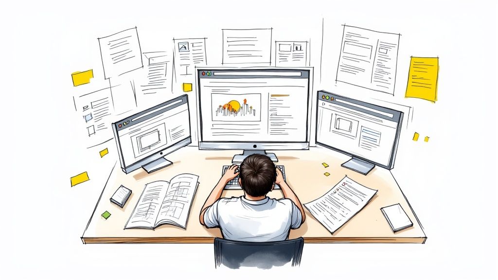 A competitive intelligence analyst working at a desk with multiple screens showing data dashboards and market trends.