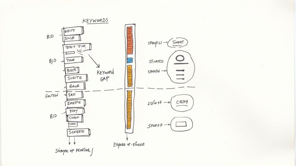 A person examining a digital dashboard showing keyword performance metrics and charts.