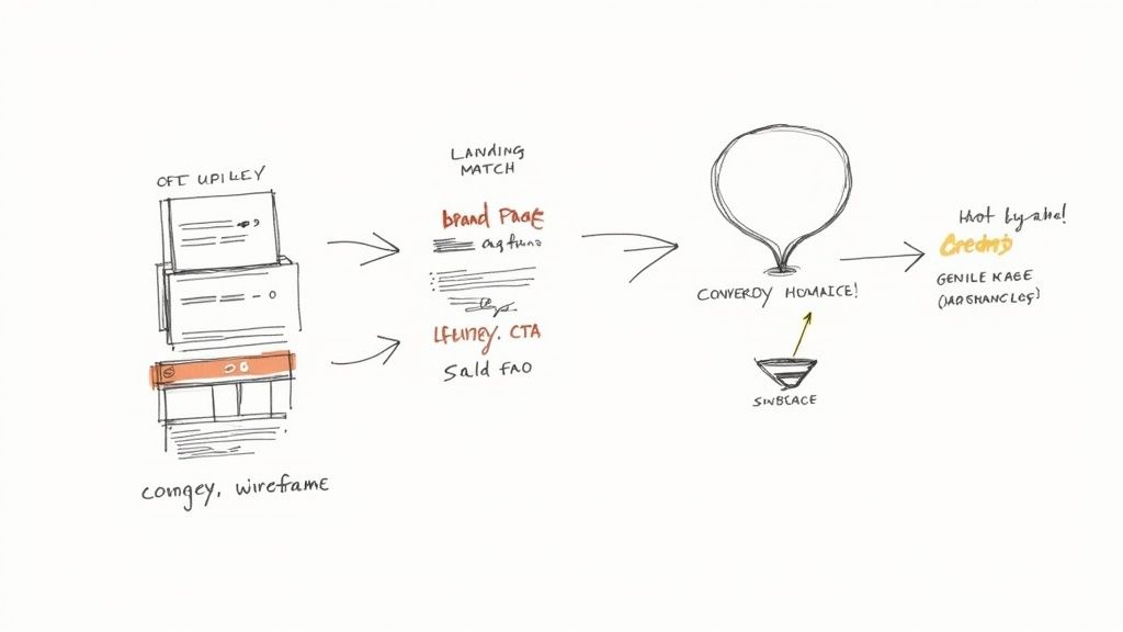 Marketing funnel wireframe diagram showing conversion process from landing page to customer acquisition