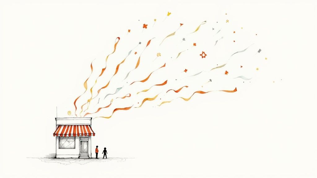 An illustration of a small shop with a striped awning, emitting colorful ribbons and confetti as two figures stand outside.